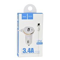 Автомобильная зарядка Hoco Z14 USB 3.4A с кабелем MicroUSB белая